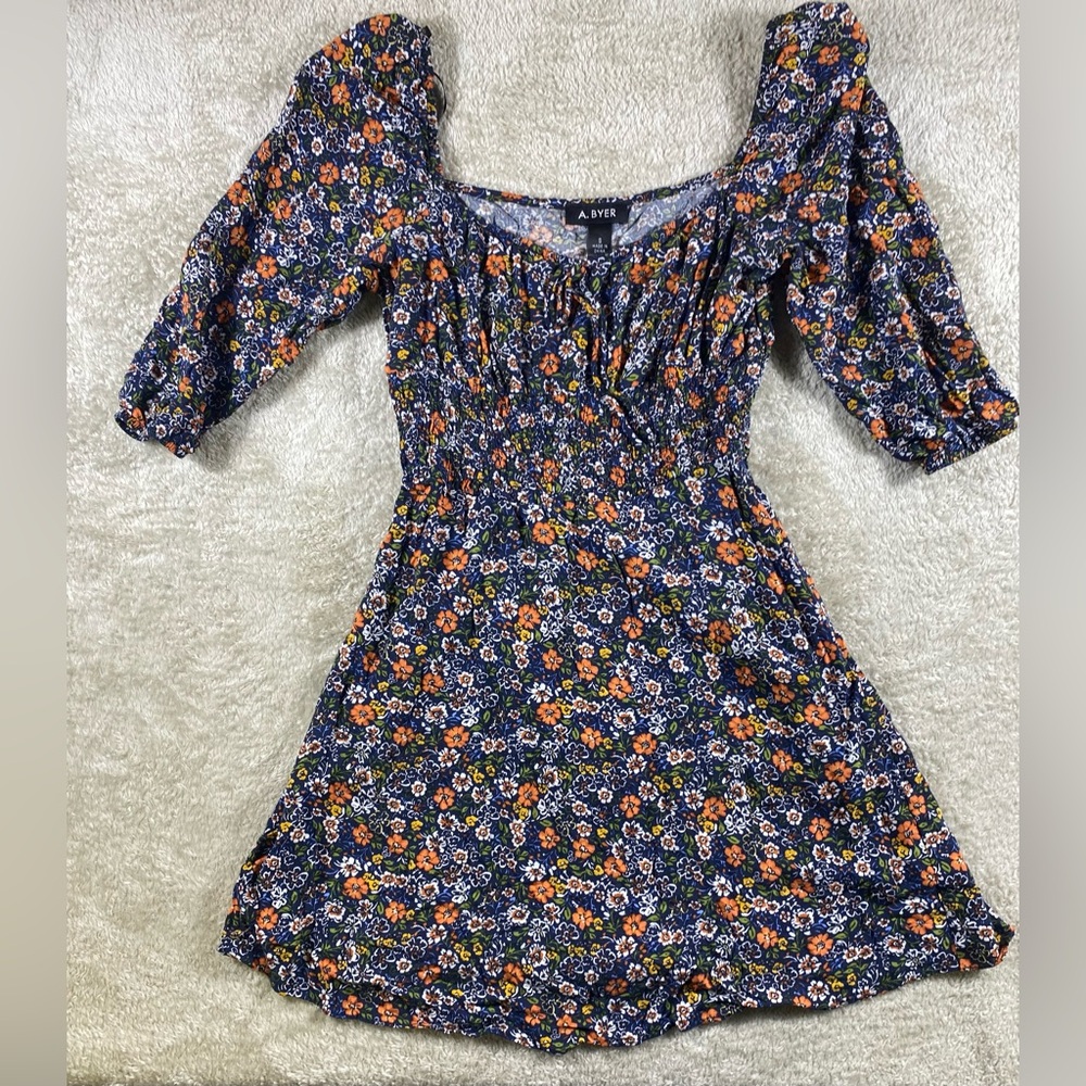 A.Byer womens floral 3/4 peasant sleeve dress size small # 77
